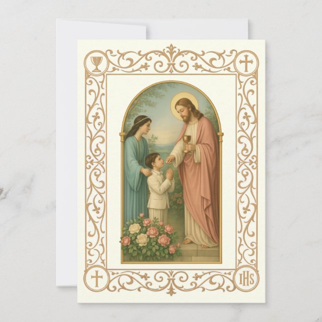 Invitación First Communion Vintage Boy with Jesus  (Anverso)