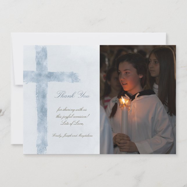 Invitación  First Communion watercolor blue cross thank you (Anverso)