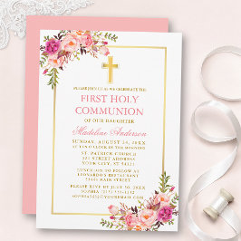 Invitación First Communion Watercolor Pink Blush Floral Gold