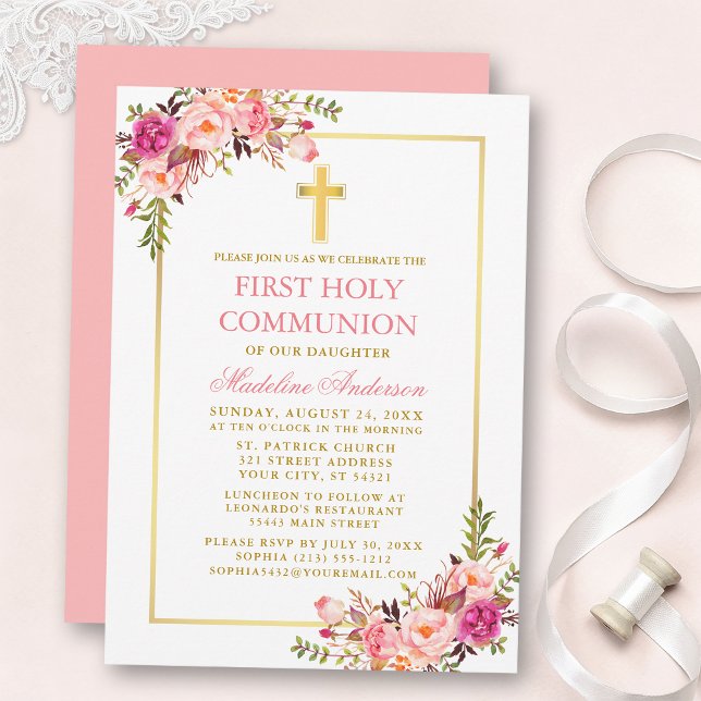 Invitación First Communion Watercolor Pink Blush Floral Gold (Customize to change text color, size, style or to change color of back of card.)
