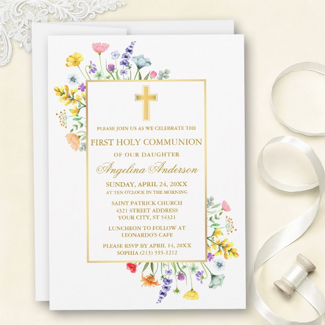 Invitación First Communion Watercolor Wildflowers Gold  (Customize to change text size, text style or color.)