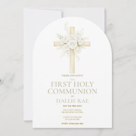 Invitación First Holy Communion Arched Invite, Floral Cross 