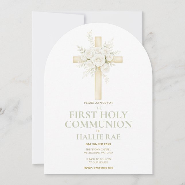 Invitación First Holy Communion Arched Invite, Floral Cross  (Anverso)