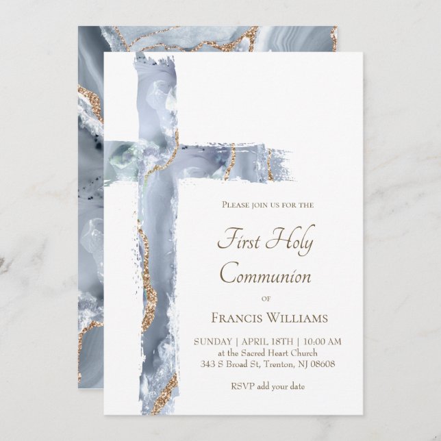 Invitación First Holy Communion blue agate Holy Cross (Anverso / Reverso)