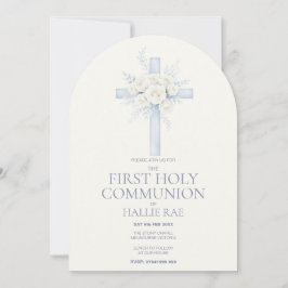 Invitación First Holy Communion, Blue Floral Cross Arched
