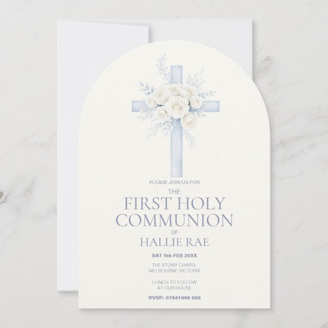 Invitación First Holy Communion, Blue Floral Cross Arched (Anverso)