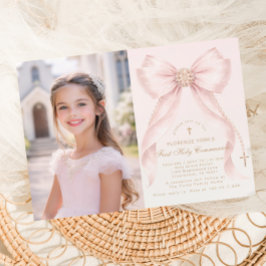 Invitación First Holy Communion Blush Pink Bow Christian