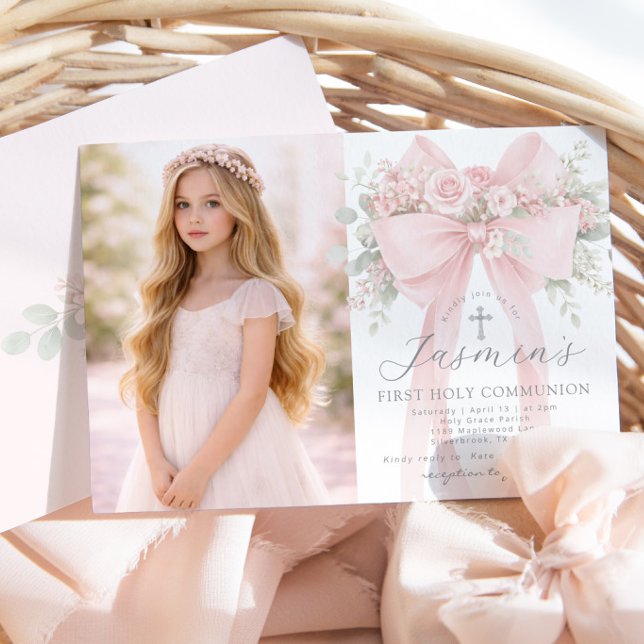 Invitación First Holy Communion Blush Pink Bow Photo (Subido por el creador)