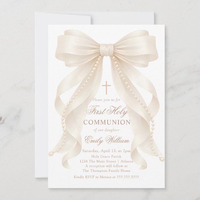 Invitación First Holy Communion Bow Pearls Invitation (Anverso)