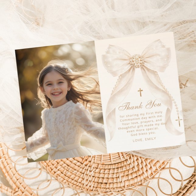 Invitación First Holy Communion Bow Photo Thank you Card (Subido por el creador)