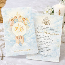 Invitación First Holy Communion Catholic Priest Host Angels