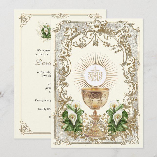 Invitación First Holy Communion Chalice Eucharist Calla Lily (Anverso / Reverso)