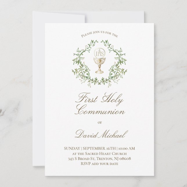 Invitación First Holy Communion chalice greenery crest (Anverso)