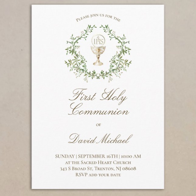 Invitación First Holy Communion chalice greenery crest (Subido por el creador)
