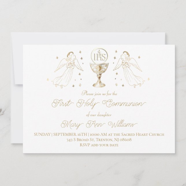 Invitación First Holy Communion golden angels Chalice Host (Anverso)