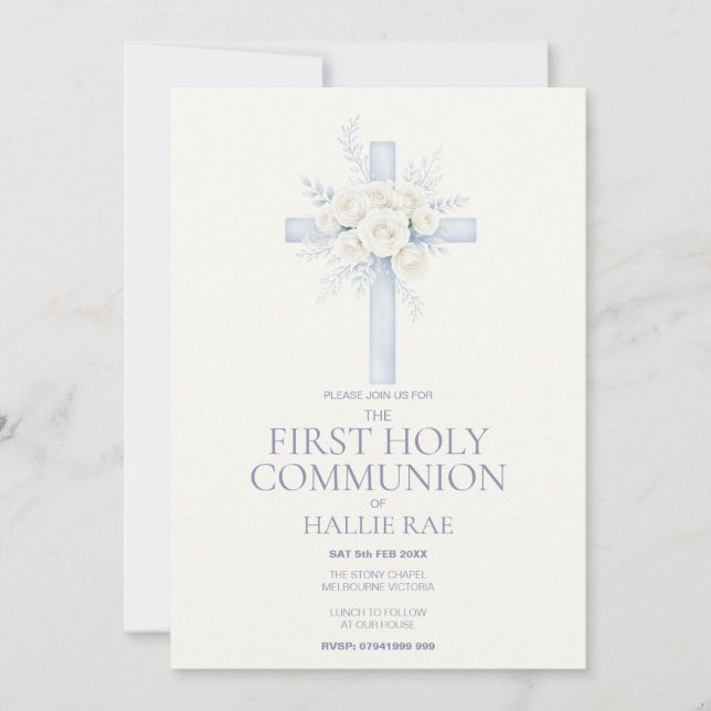 Invitación First Holy Communion Invite, Blue Floral Cross (Anverso)