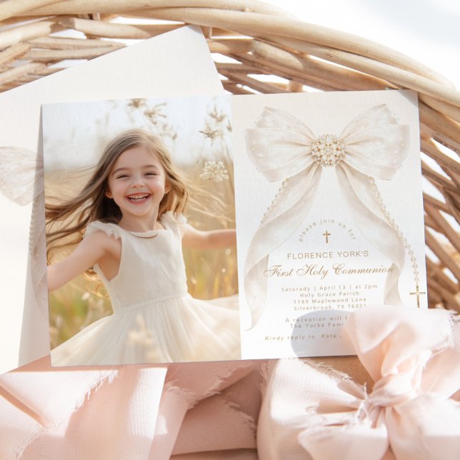 Invitación First Holy Communion Ivory Bow Pearls Photo (Subido por el creador)