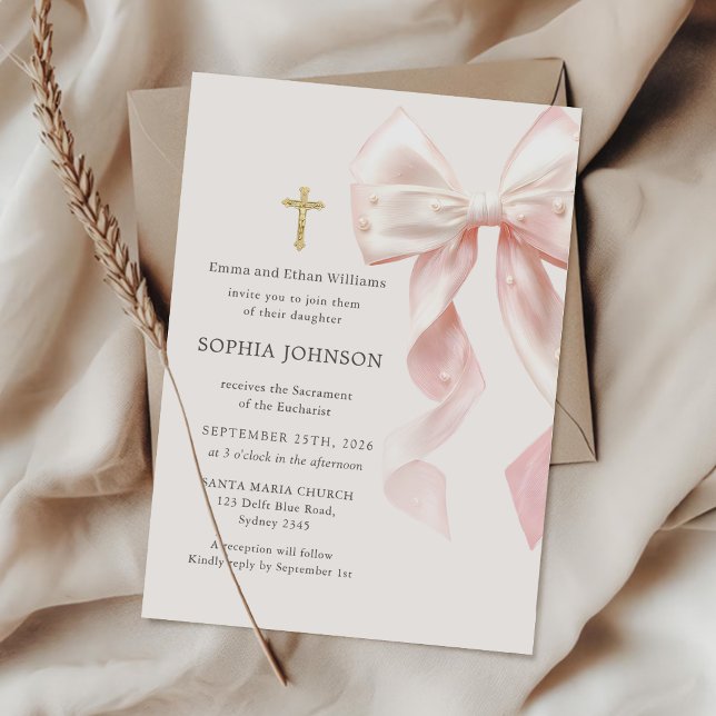 Invitación First Holy Communion Pink Bow Girl Invitation (Subido por el creador)