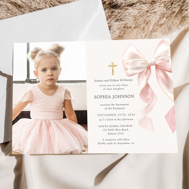Invitación First Holy Communion Pink Bow Girl Photo (Subido por el creador)