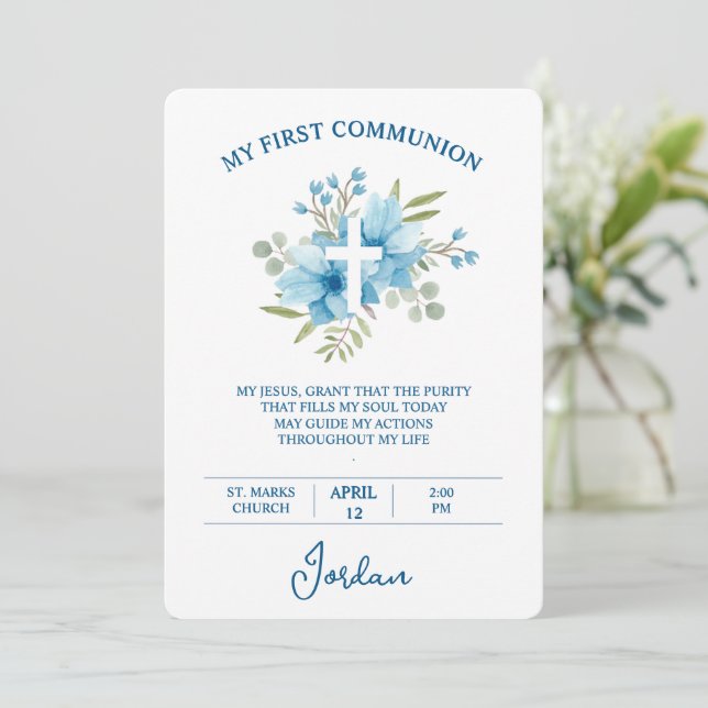Invitación First Holy Communion Watercolor Floral And Cross (Anverso de pie)