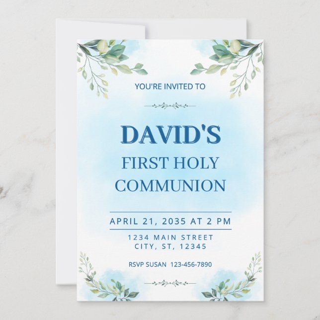 Invitación First Holy Communion Watercolor Greenery Blue  (Anverso)