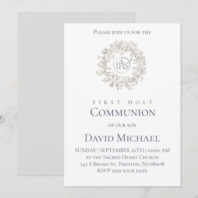 Invitación First Holy Communion white wreath (Anverso / Reverso)
