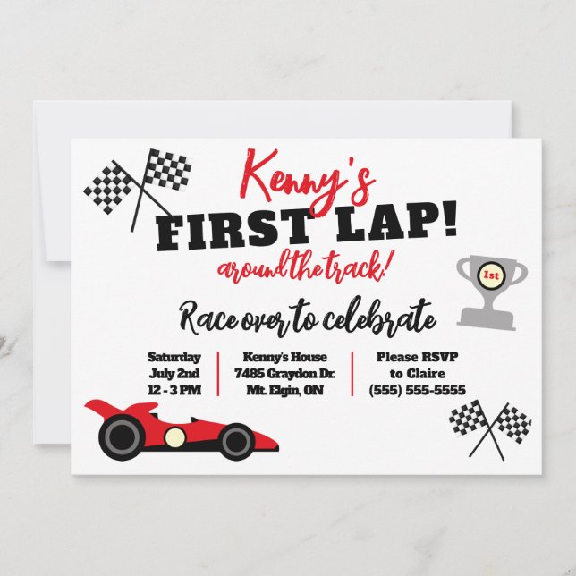 Invitación First Lap Around the Track, Kids' Birthday Party (Anverso)