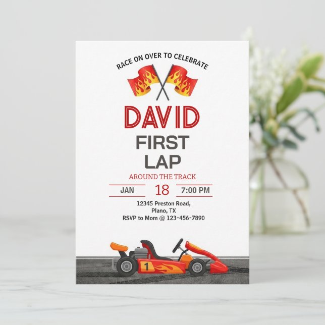 Invitación First Lap Around The Track Race Car 1st Birthday (Anverso de pie)