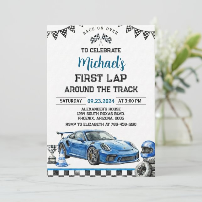 Invitación First Lap Around The Track Race Car 1st Birthday (Anverso de pie)