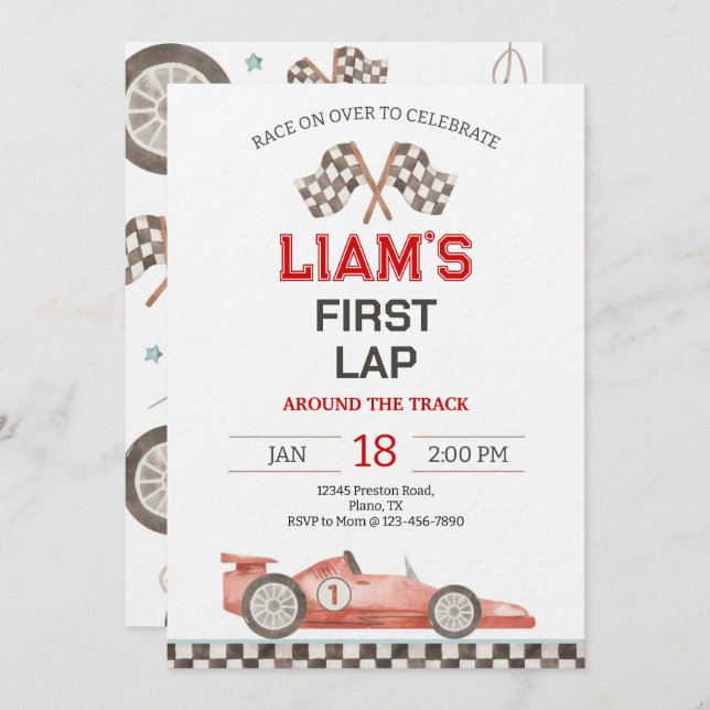 Invitación First Lap Around The Track Race Car 1st Birthday (Anverso / Reverso)