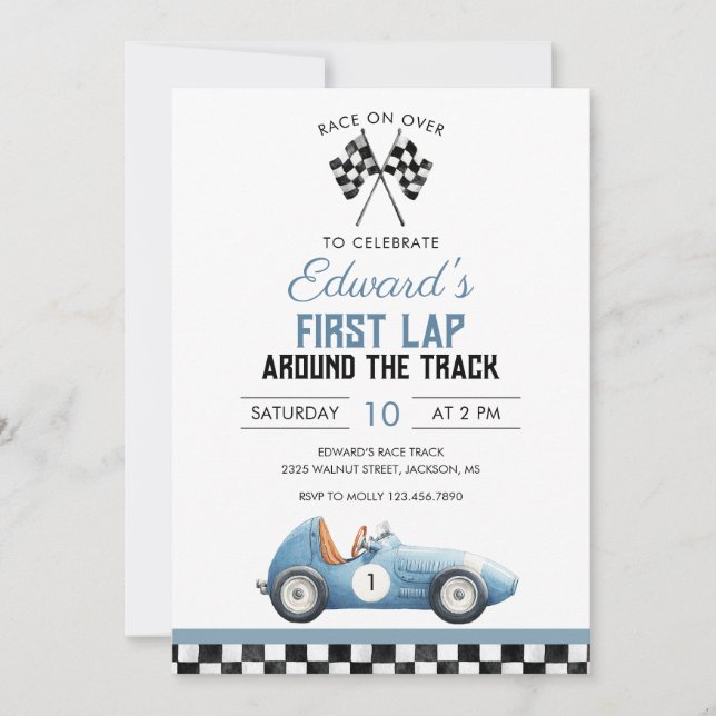 Invitación First Lap Blue Race Car 1st Birthday (Anverso)