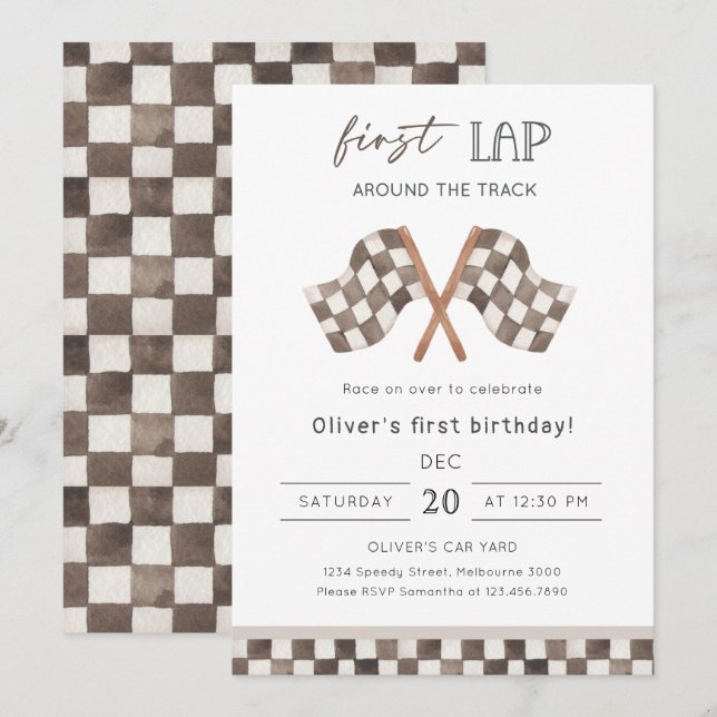 Invitación First Lap Racing 1st Birthday Party  (Anverso / Reverso)