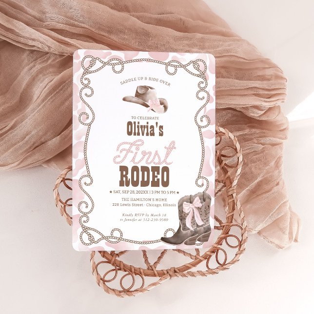 Invitación First Rodeo 1st Birthday Girl Dusty Pink Cow Print (Subido por el creador)