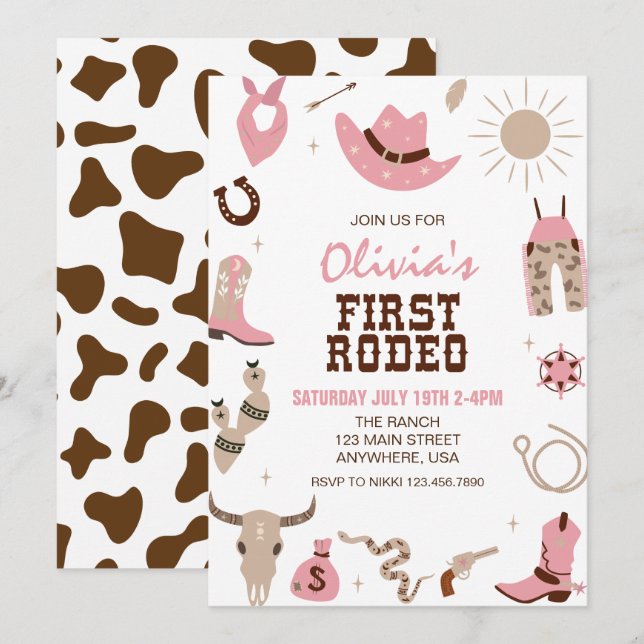 Invitación First Rodeo Pink Western 1st Birthday (Anverso / Reverso)