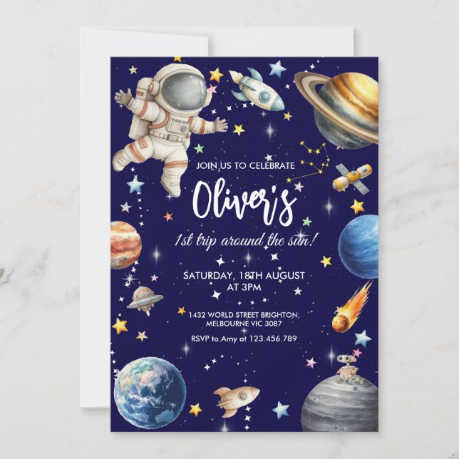 Invitación First Trip Around the Sun Astronaut Birthday  (Anverso)