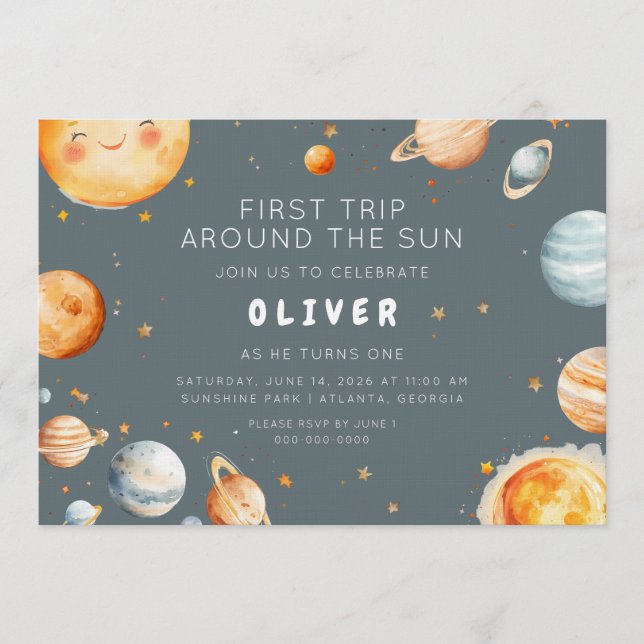 Invitación First Trip Around the Sun First Birthday  (Anverso)