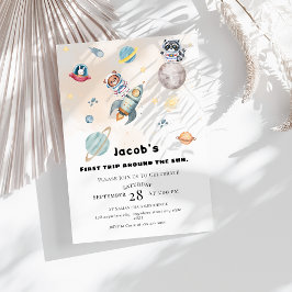 Invitación First Trip Around the Sun space Animals Birthday 