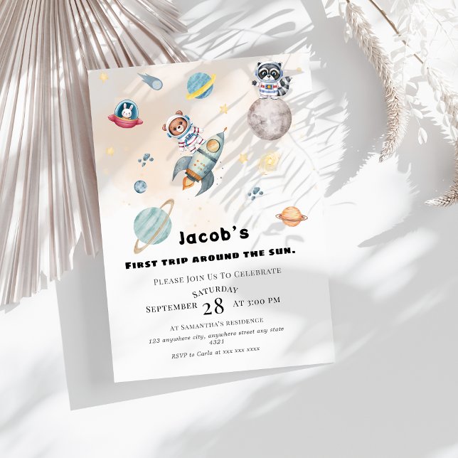Invitación First Trip Around the Sun space Animals Birthday  (Subido por el creador)