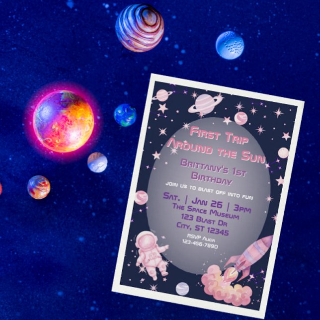 Invitación First Trip, Pink Purple Space 1st Birthday  (Subido por el creador)