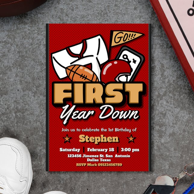 Invitación First Year Down - 1st Birthday Football Invitation (First Year Down - 1st Birthday Football Invitation)