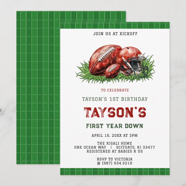 Invitación First Year Down Football 1st Birthday Party (Anverso / Reverso)