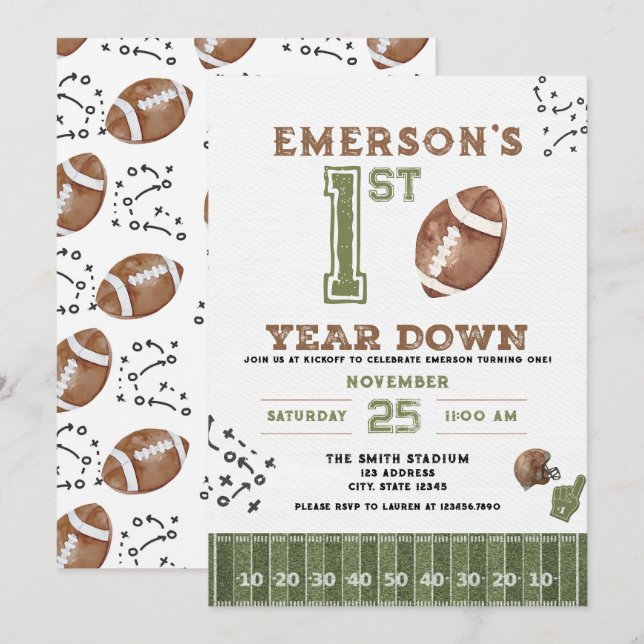 Invitación First Year Down Football Birthday Invitation, 2nd (Anverso / Reverso)