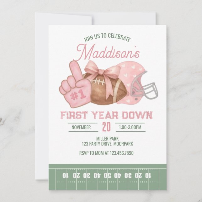 Invitación FIRST year down, Football Birthday, Pink football  (Anverso)