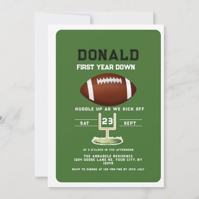 Invitación First Year Down Football sport 1st birthday (Anverso)