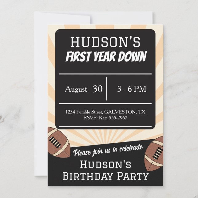 Invitación First Year Down Football Sports Boys 1st Birthday (Anverso)
