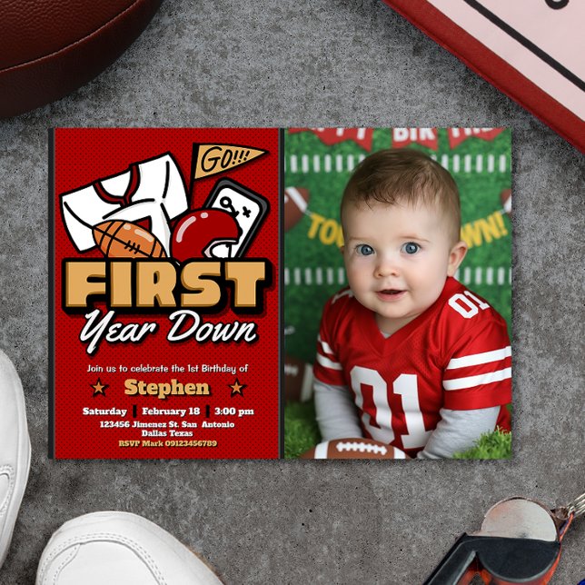 Invitación First Year Down - Football with Photo Landscape (First Year Down - Football with Photo Landscape Invitation)