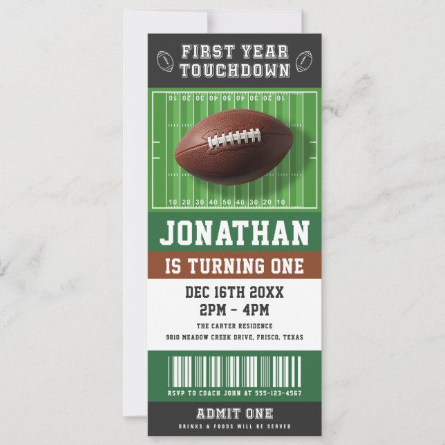 Invitación First Year Touchdown Football Ticket 1st Birthday (Anverso)