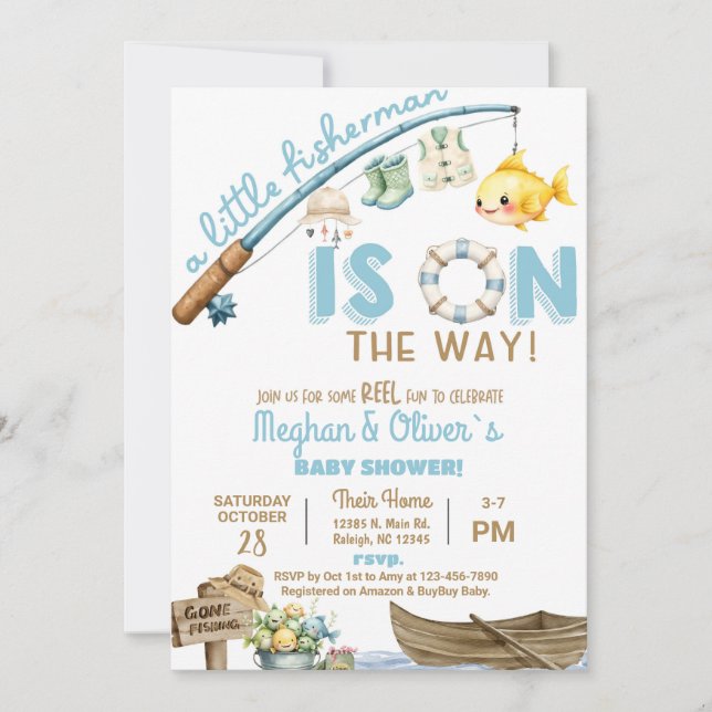 Invitación Fisherman / fishing boy reel fun baby shower. (Anverso)