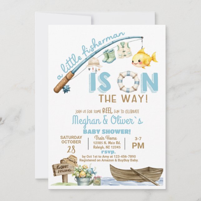 Invitación Fisherman / fishing boy reel fun baby shower. (Anverso)