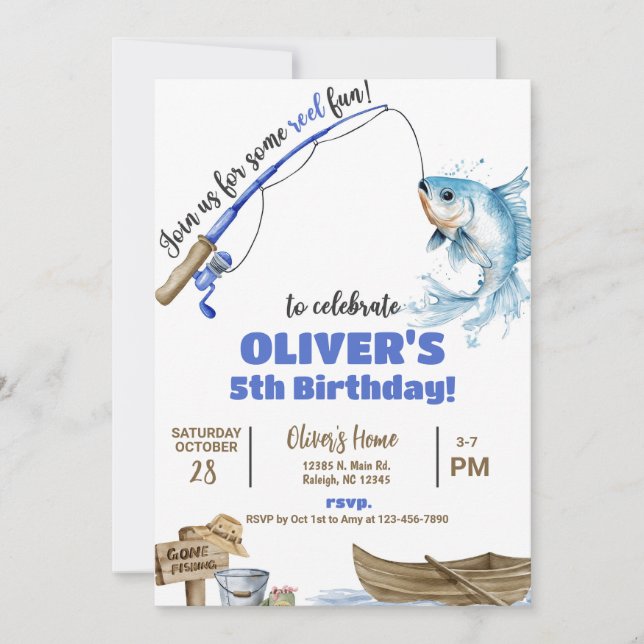 Invitación Fisherman / fishing boy reel fun birthday invite. (Anverso)